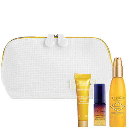 L'Occitane Immortelle Set 3 pcs With IMM Divine Sept 2020 Pouch เซ็ตดูแลผิวที่มีปัญหาริ้วรอย ต้านสัญญาณแห่งความร่วงโรยและเสริมความชุ่มชื้นอย่างล้ำลึกให้กับผิวของคุณ  ริ้วรอยแลดูลดเลือน ผิวแน่นขึ้น และมวลผิวดีขึ้น เรียบเนียนและมีชีวิตชีวา